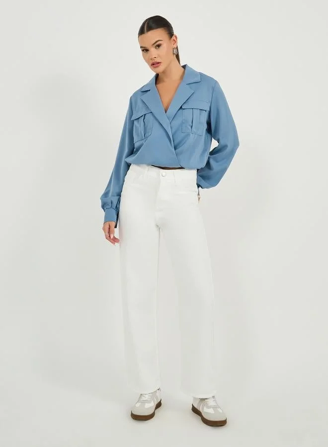 Styli Wrap Notch Collar Blouse with Pocket Detail