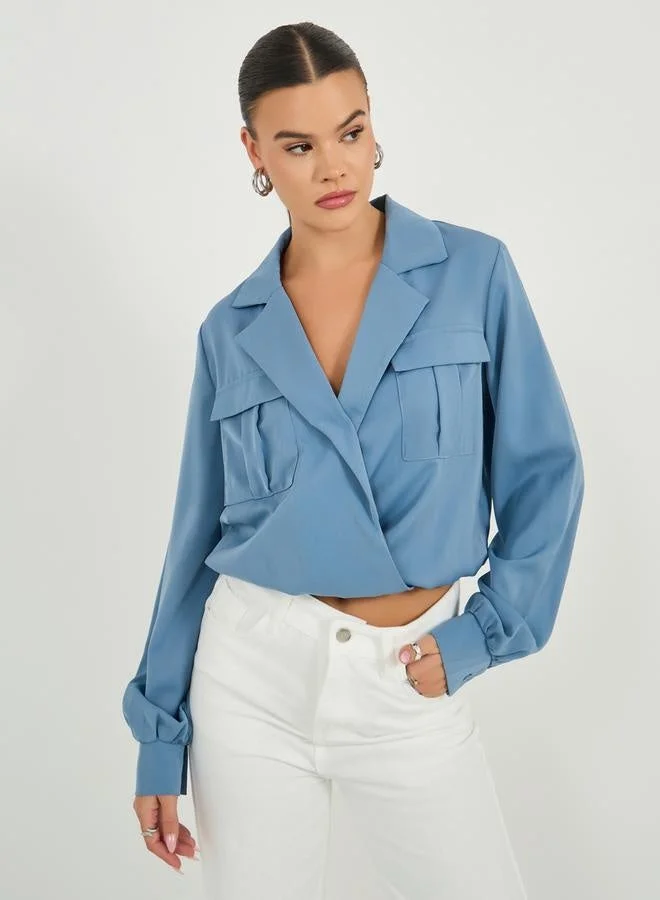 Styli Wrap Notch Collar Blouse with Pocket Detail