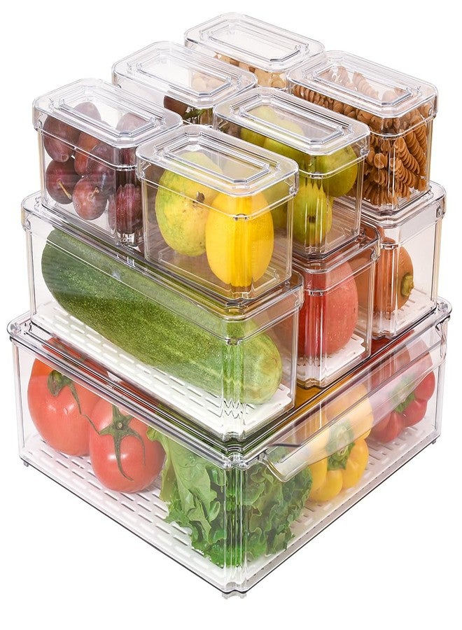 Cozihom Stackable Refrigerator Organizer Bins with Lids, Fridge Organization and Storage Containers, BPA-Free Plastic Pantry Bins for Fruits, Vegetable, Drinks With Drain Tray, Set Of 10 - Image 1