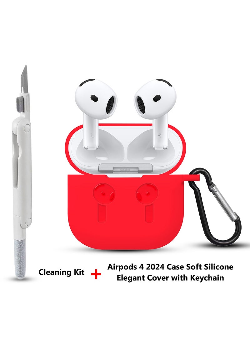 CATANES ( for Apple Airpods 4 2024 ) Case with Cleaner Kit Shockproof Protective Soft Silicone Case Cover with Carabiner Keychain - Red Case White Cleaner - Image 2