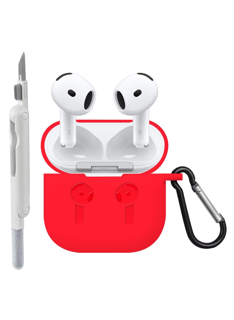 CATANES ( for Apple Airpods 4 2024 ) Case with Cleaner Kit Shockproof Protective Soft Silicone Case Cover with Carabiner Keychain - Red Case White Cleaner - Image 1
