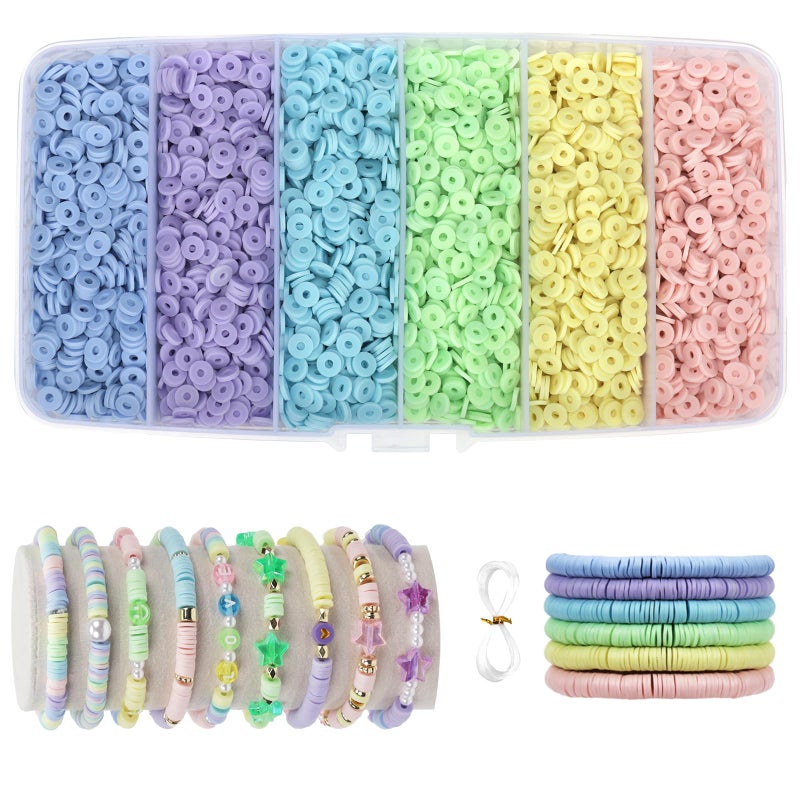 6000Pieces Polymer Clay Beads 6 Colors Easter Clay Beads for Bracelets Making Heishi Beads Friendship Bracelet Making Kit for Girl Women Adults Pastel