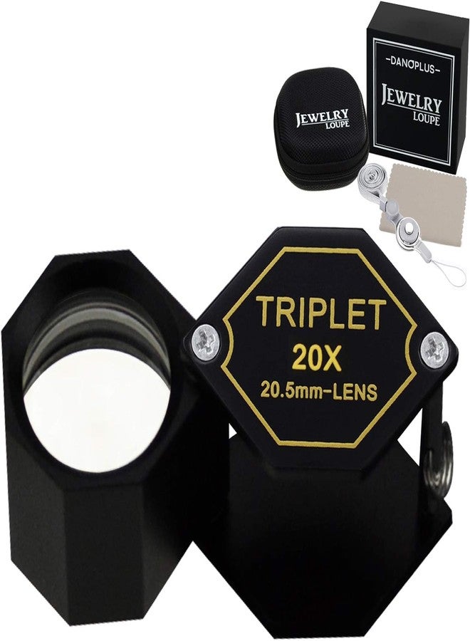 DANOPLUS 20x Magnifier Jewelry Loupe Triplet Lens 20.5mm Optical Glass Pocket Gem Magnifying Tool for Jeweler, Stamp Philatelist, Coin numismatic, Achromatic Black Hexagonal Design Kit Set - Image 1