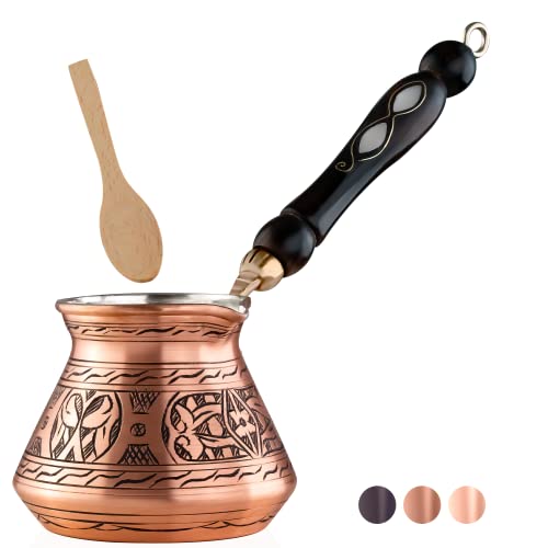BCS 12 Oz Copper Turkish Greek Arabic Coffee Pot with Wooden Handle (4 servings) Cezve Ibrik Briki Stovetop Coffee Maker (Includes Wooden Spoon) - Image 1