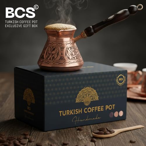 BCS 12 Oz Copper Turkish Greek Arabic Coffee Pot with Wooden Handle (4 servings) Cezve Ibrik Briki Stovetop Coffee Maker (Includes Wooden Spoon) - Image 5