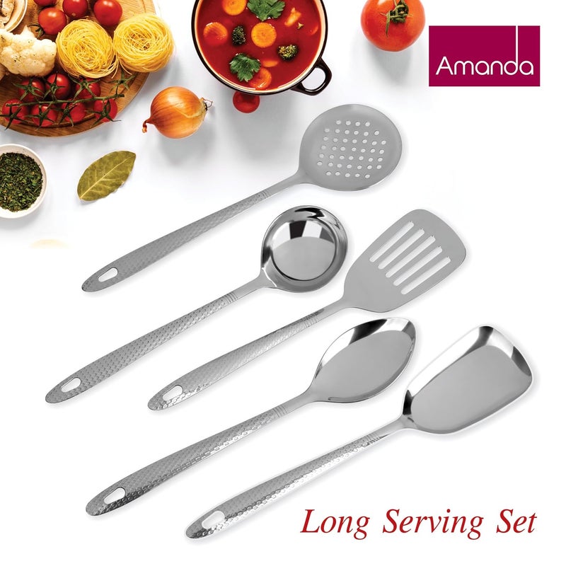 Amanda 5 Piece Stainless Steel Serving Spoon Set Heavy Gauge Includes Ladle Turner Rice Spoon Oval Spoon and Serving Spoon Durable RustResistant Kitchen Dining Table Essentials Silver - Image 3