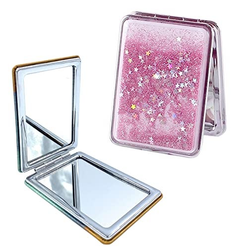 MEPOINT Compact Glass Makeup Mirror Mini Portable Double-Sided Magnifying Handheld Mirror Dream Quicksand Mirror For Travel (Color May Very, Square,Color May Very, Pink, Tabletop Mount - Image 1
