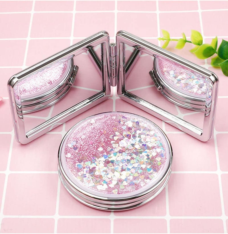 MEPOINT Compact Glass Makeup Mirror Mini Portable Double-Sided Magnifying Handheld Mirror Dream Quicksand Mirror For Travel (Color May Very, Square,Color May Very, Pink, Tabletop Mount - Image 3