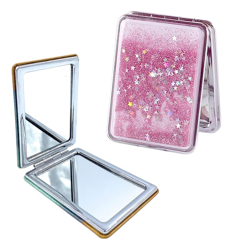 MEPOINT Compact Glass Makeup Mirror Mini Portable Double-Sided Magnifying Handheld Mirror Dream Quicksand Mirror For Travel (Color May Very, Square,Color May Very, Pink, Tabletop Mount - Image 2