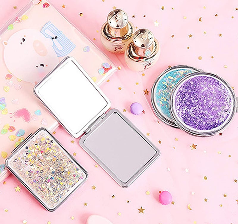 MEPOINT Compact Glass Makeup Mirror Mini Portable Double-Sided Magnifying Handheld Mirror Dream Quicksand Mirror For Travel (Color May Very, Square,Color May Very, Pink, Tabletop Mount - Image 5