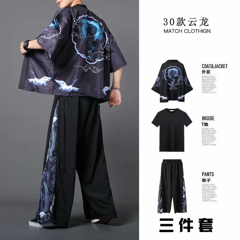 Hanfu Three-Piece Set Summer Chinese Style Robe for Men and Women Couples Fairy Style Loose Straight-Leg Wide-Leg Pants Set Class Clothes 30 Yunlong black 3-piece set 