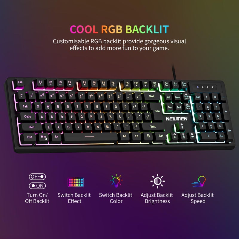 Newmen GM104 Wired Gaming Keyboard and Mouse Combo,USB RGB Backlit Mechanical Feel 26-Key Anti-Ghosting Computer Gaming Keyboards,Colorful Breathing Backlit Gaming Mouse,for PC Gamer Office,Black - Image 2
