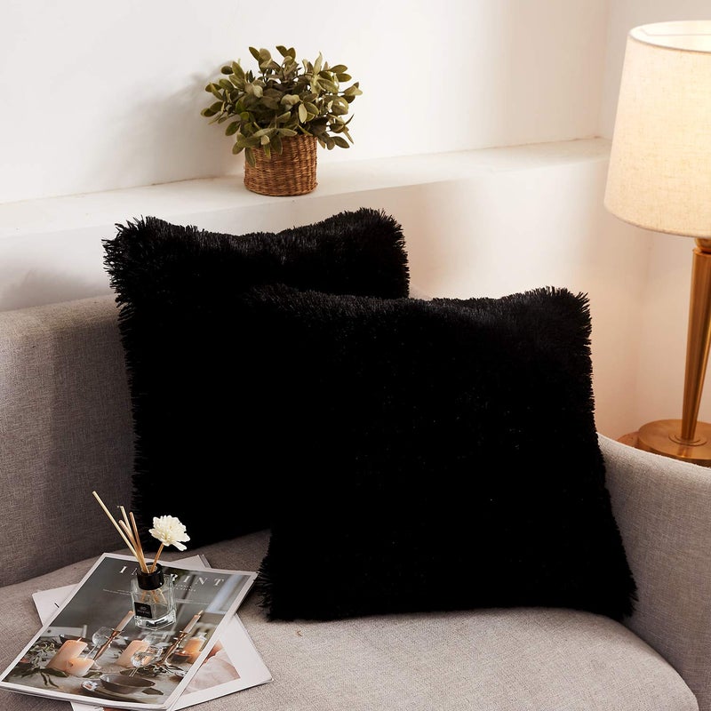 XeGe Faux Fur Throw Pillow Covers Shaggy Fluffy Cushion Covers Plush Furry Pillow Cases Fuzzy Decorative Pillow Shams with Zipper Set of 2 for Sofa Bed Couch Living Room 18x18 Black
