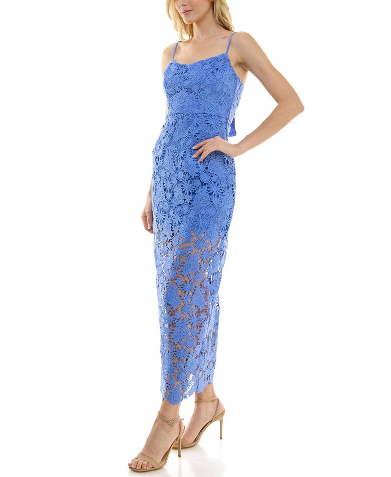 Taylor Women's Sleeveless Sweetheart Neck Spaghetti Strap Chemical Lace Overlay Midi Dress with Tie Back, Periwinkle - Image 5