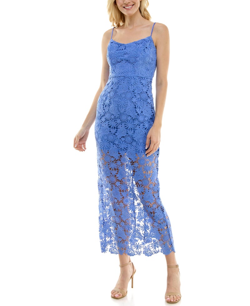 Taylor Women's Sleeveless Sweetheart Neck Spaghetti Strap Chemical Lace Overlay Midi Dress with Tie Back, Periwinkle - Image 2