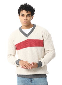Andora Slip On V-Neck Knitted Pullover - Beige, Grey & Watermelon_Multicolour  - Image 1