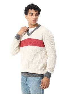 Andora Slip On V-Neck Knitted Pullover - Beige, Grey & Watermelon_Multicolour  - Image 2