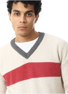 Andora Slip On V-Neck Knitted Pullover - Beige, Grey & Watermelon_Multicolour  - Image 4