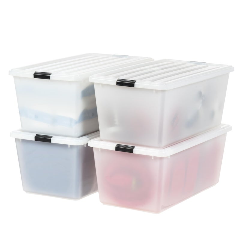 IRIS USA 91 Qt Stackable Plastic Storage Bins with Lids 4 Pack  BPAFree Discreet Organizing Solution Latches Durable Nestable Containers Secure Pull Handle Made in USA  Pearl