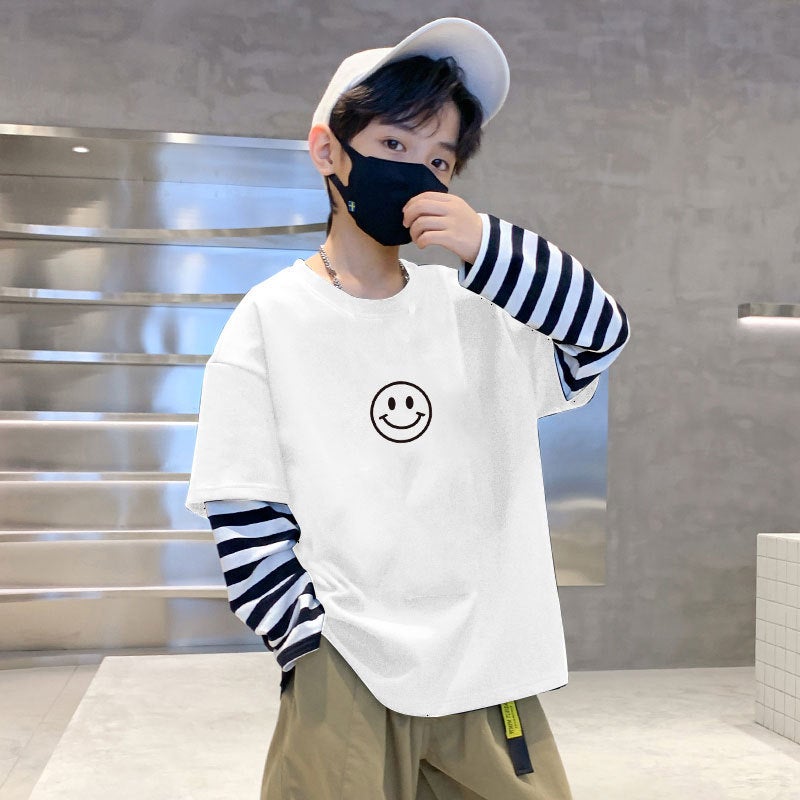 G2181# Boys Long Sleeve T-Shirt Autumn Children Korean Fake Two-Piece Striped Jacket Casual Joker Base Shirt T-Shirt - Image 2