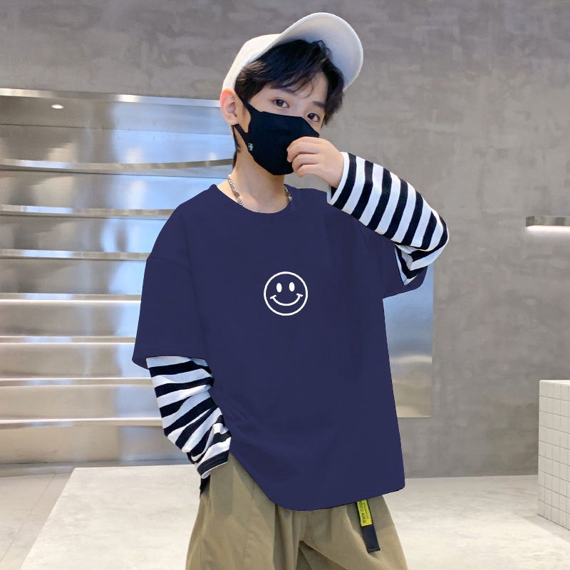G2181# Boys Long Sleeve T-Shirt Autumn Children Korean Fake Two-Piece Striped Jacket Casual Joker Base Shirt T-Shirt - Image 3