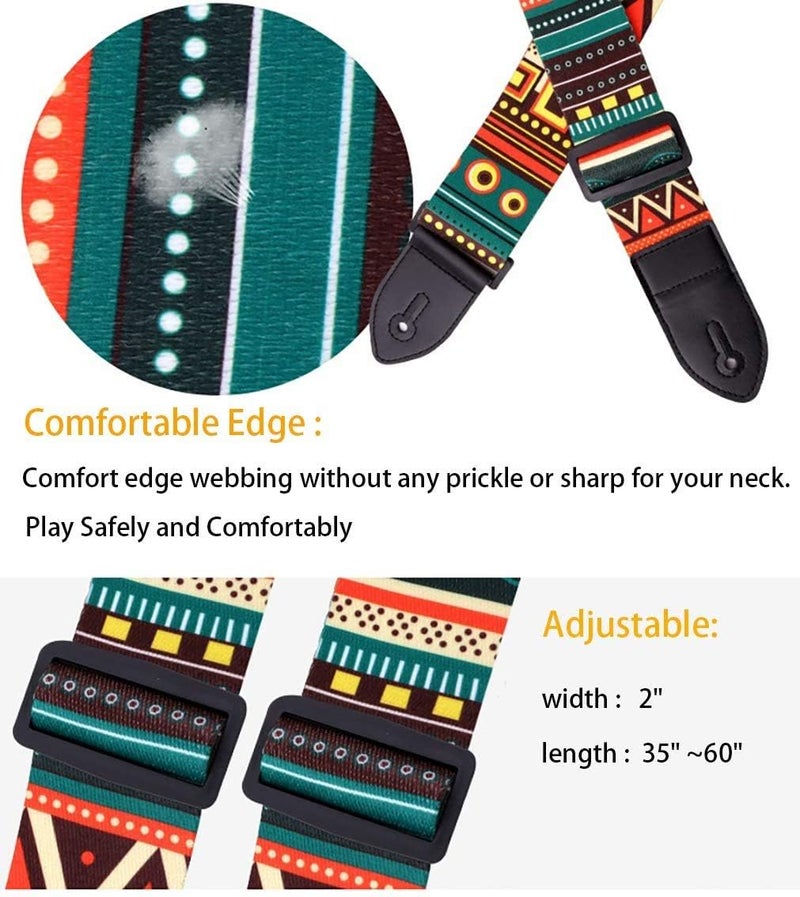 Juarez Guitar Strap Combo – Retro Ethnic Green Strap with JAP60 Plectrum Set (6 Picks) - Image 2