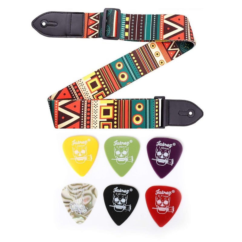 Juarez Guitar Strap Combo – Retro Ethnic Green Strap with JAP60 Plectrum Set (6 Picks) - Image 1