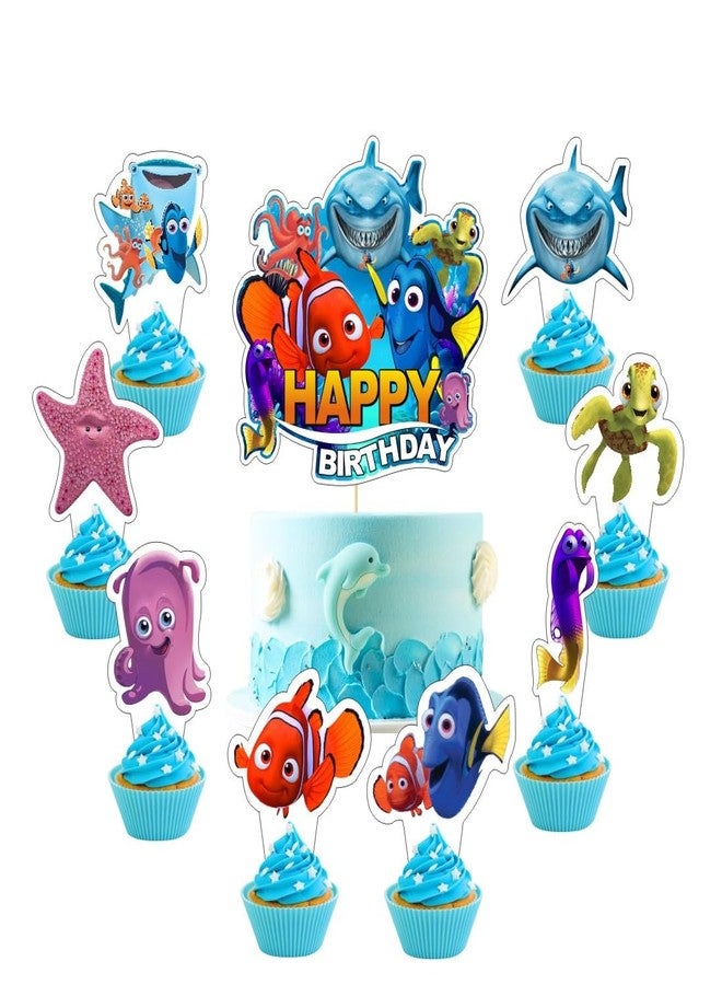 fancigo 25Pcs Finding Nemo Cake Decorations with 24pcs Cupcake Toppers, 1pcs Cake Topper for Kids Birthday Party Supplies - Image 1