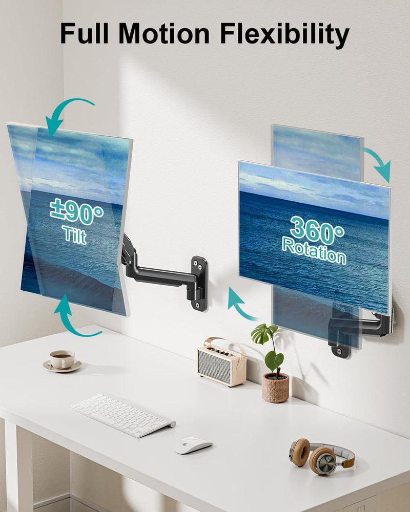 MOUNT PRO Single Monitor Wall Mount for 13 to 32 Inch Computer Screens, Height Adjustable Wall Mount Monitor Arm Holds Up to 19.8lbs, Full Motion Wall Bracket, VESA Mount 75x75, 100x100, Black - Image 2