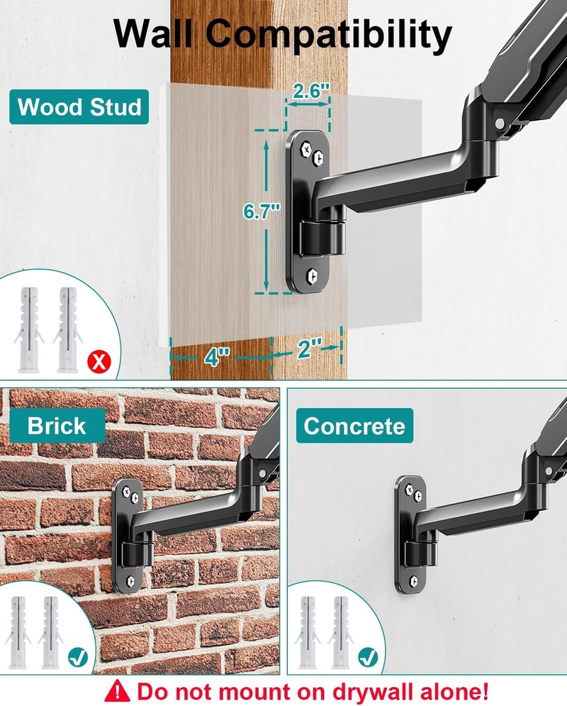 MOUNT PRO Single Monitor Wall Mount for 13 to 32 Inch Computer Screens, Height Adjustable Wall Mount Monitor Arm Holds Up to 19.8lbs, Full Motion Wall Bracket, VESA Mount 75x75, 100x100, Black - Image 5