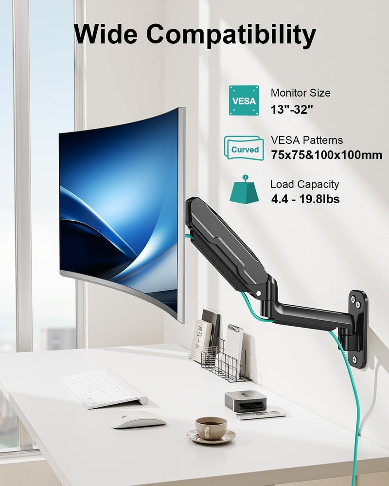 MOUNT PRO Single Monitor Wall Mount for 13 to 32 Inch Computer Screens, Height Adjustable Wall Mount Monitor Arm Holds Up to 19.8lbs, Full Motion Wall Bracket, VESA Mount 75x75, 100x100, Black - Image 3