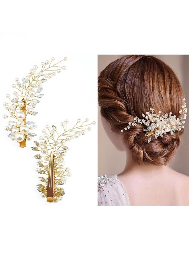 HY 2 Pcs Wedding Pearl Hair Clips, Rhinestone Hair Accessories for Bridal Women（Gold)  - Image 1