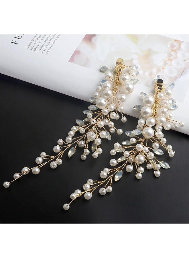 HY 2 Pcs Wedding Pearl Hair Clips, Rhinestone Hair Accessories for Bridal Women（Gold)  - Image 5