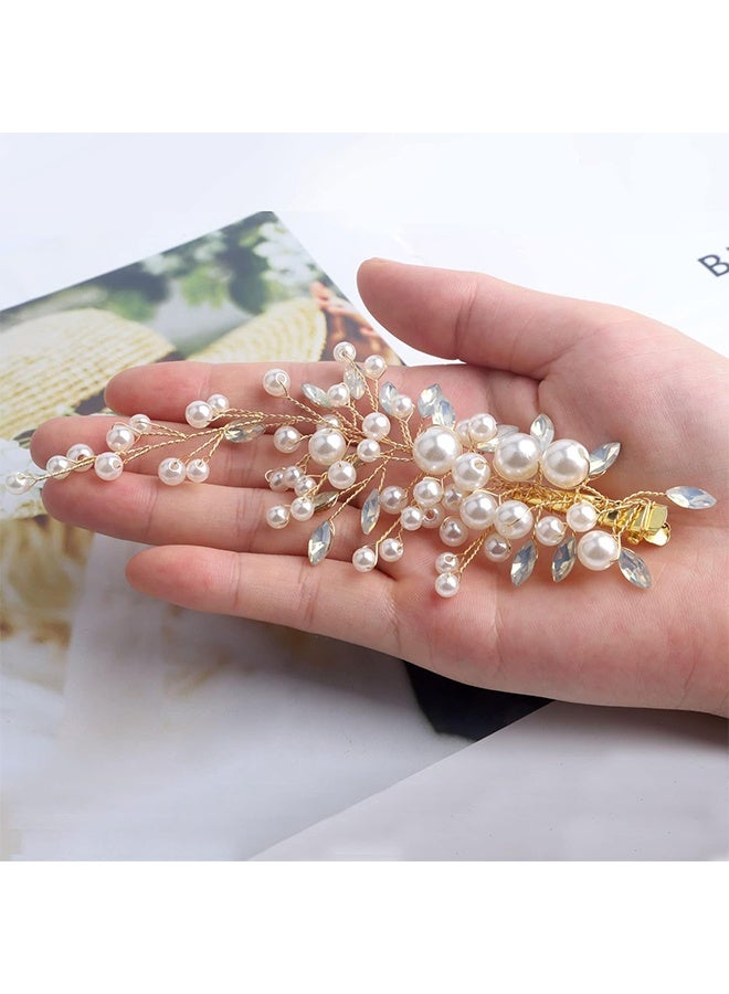 HY 2 Pcs Wedding Pearl Hair Clips, Rhinestone Hair Accessories for Bridal Women（Gold)  - Image 4