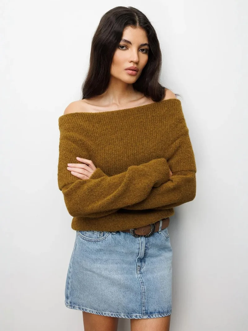 Mixray Olive Green MIXRAY Loose Fit Ribbed Madonna Collar Sweater for Women | Best Price UAE