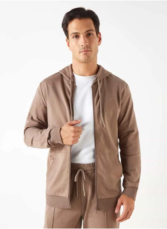 ادوت Solid Zip Through Sweatshirt with Hood and Long Sleeves
