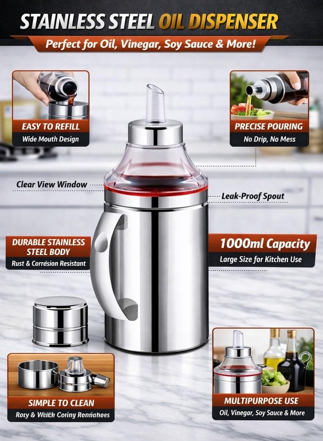 SmartMaison - Oil Dispenser, Stainless Steel, 1000ML Capacity, Kitchen Cooking Oil Bottle with Pourer Pack of 1 - Image 4