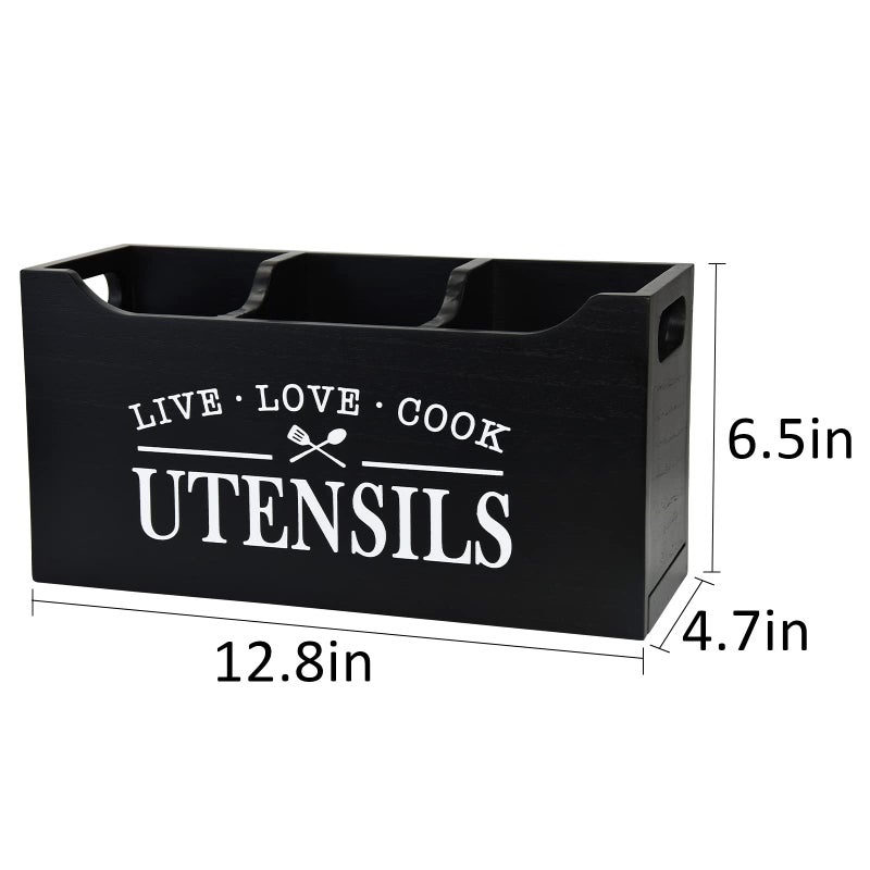 Karisky Kitchen Utensil Holder with Drainage Bottom  Large 3 Compartments Solid Real Wood Utensil Organizer for Kitchen Counter  Farmhouse Cooking Tools Storage for Countertop  Black - Image 4
