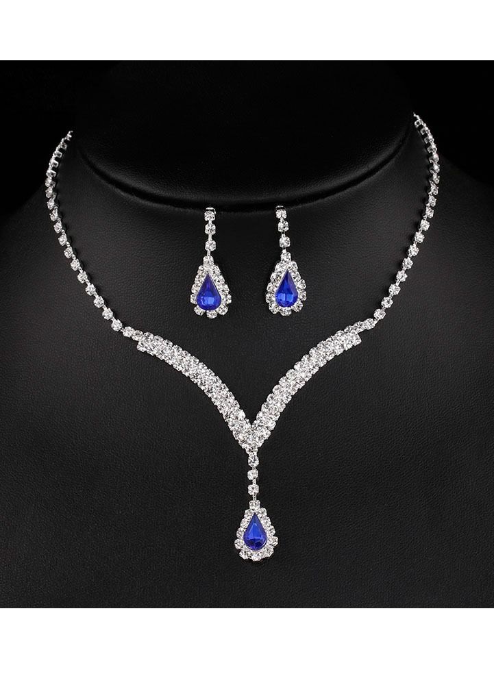 NIBEMINENT 2-Piece Jewelry Set with Necklace and Earring Full Diamond V Neck Water Drop Pendant Necklace Stud Earrings Set  - Image 1
