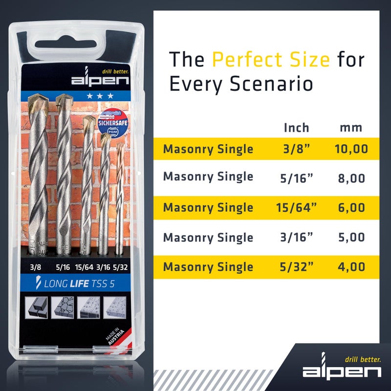 Alpen مجموعة مثاقب ألبن 5 قطع طويلة العمر للحجر والخرسانة - مجموعة مثاقب مطرقة SDS-Plus متعددة الاستخدامات لدقة معتمدة من PGM وفتحات دائرية دقيقة (أسطوانية، 5 قطع) - Image 5