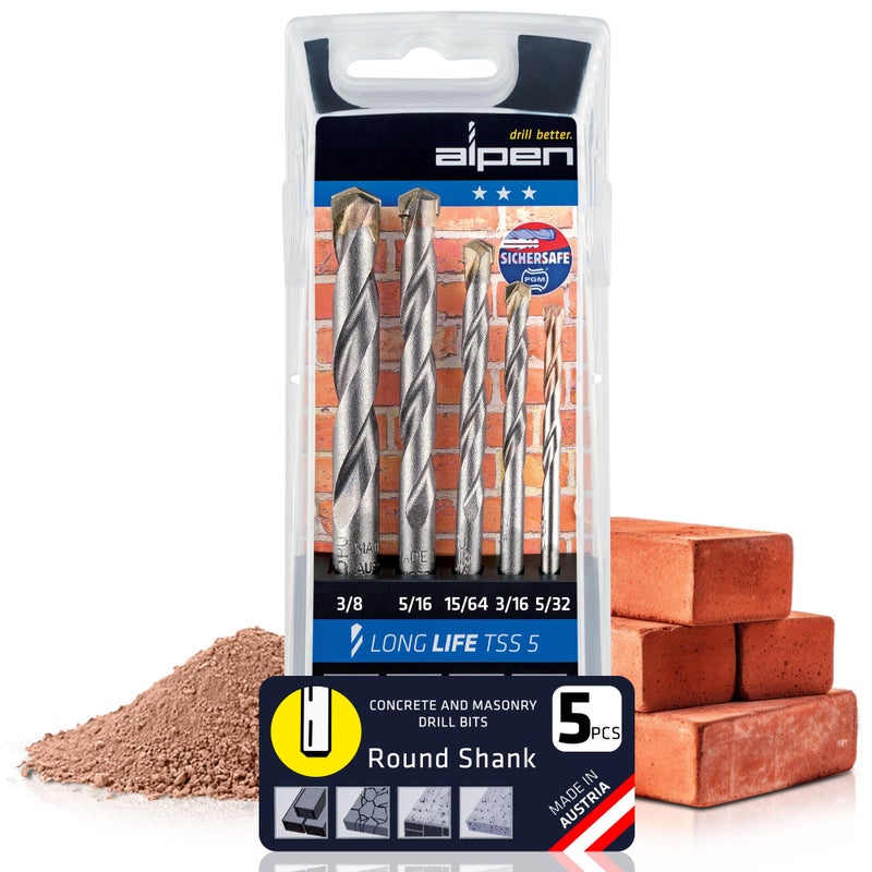 Alpen مجموعة مثاقب ألبن 5 قطع طويلة العمر للحجر والخرسانة - مجموعة مثاقب مطرقة SDS-Plus متعددة الاستخدامات لدقة معتمدة من PGM وفتحات دائرية دقيقة (أسطوانية، 5 قطع) - Image 1
