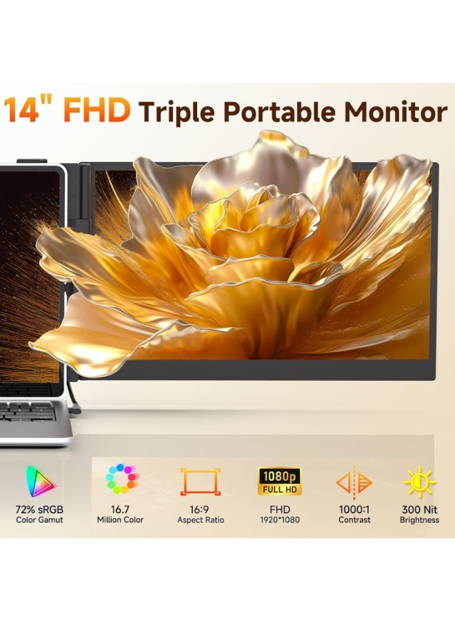 V2COM 14" Triple Laptop Screen Extender, Ultra-Slim 1080P FHD Portable Monitor, One-Cable Plug & Play, Fits 33–44 cm Laptops, Win/Mac/Android - Image 2