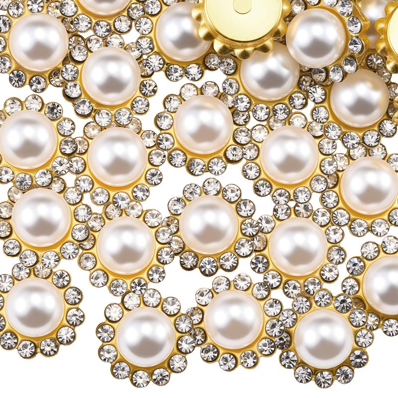 KDCQAH 100 Pcs 12mm Flower Claw Pearl Sew On Rhinestones Gold Flatback Base Shiny Crystals Rhinestones Stones for Wedding Clothing Dress Shoes Crafts Decoration (02 White) - Image 1