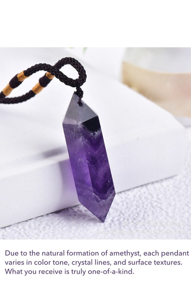 Natural Amethyst Double-Point Pendant Necklace – 4–5cm (1.57–1.97in) Raw Crystal Hexagonal Tower with Handwoven Cord - Image 3