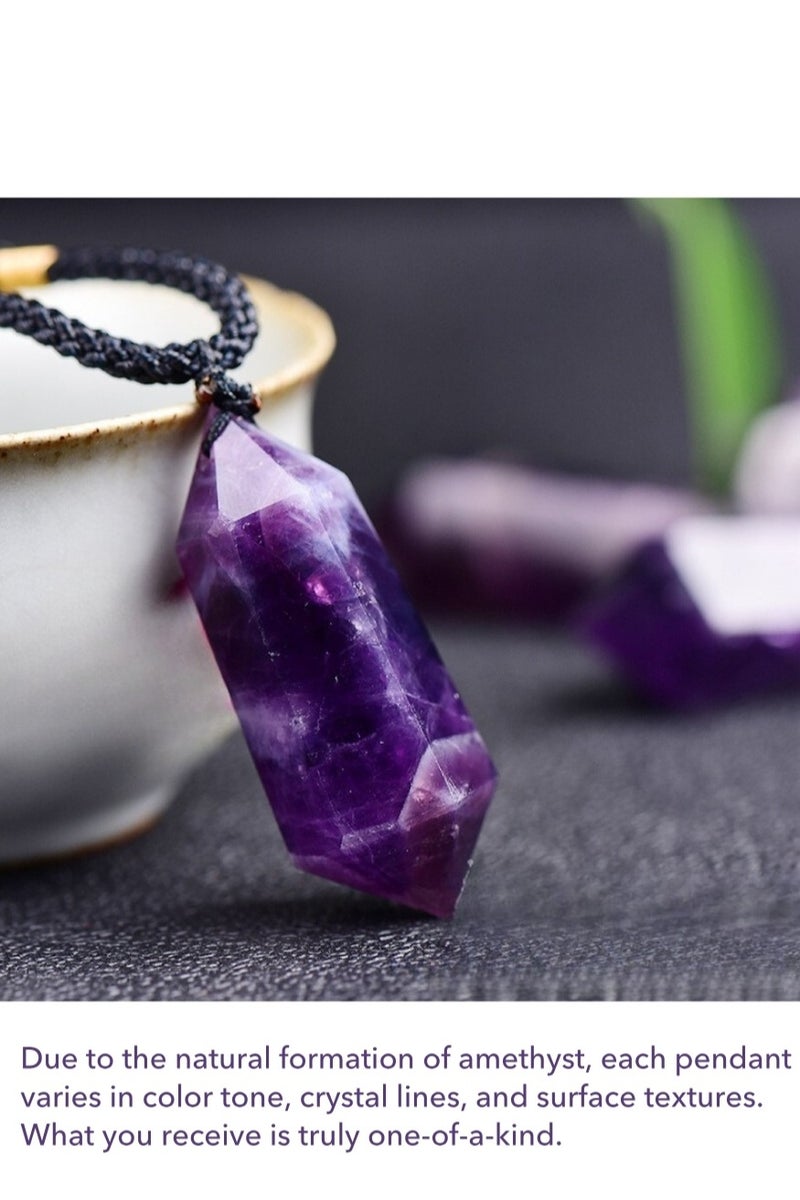 Natural Amethyst Double-Point Pendant Necklace – 4–5cm (1.57–1.97in) Raw Crystal Hexagonal Tower with Handwoven Cord - Image 4