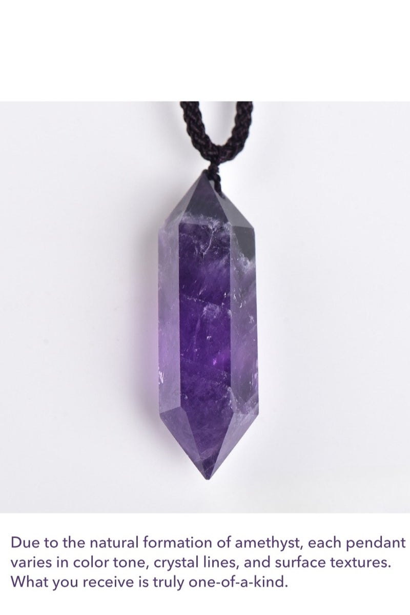 Natural Amethyst Double-Point Pendant Necklace – 4–5cm (1.57–1.97in) Raw Crystal Hexagonal Tower with Handwoven Cord - Image 5
