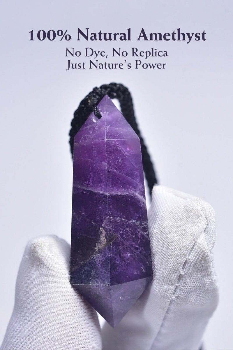 Natural Amethyst Double-Point Pendant Necklace – 4–5cm (1.57–1.97in) Raw Crystal Hexagonal Tower with Handwoven Cord - Image 1