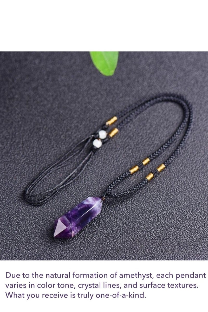Natural Amethyst Double-Point Pendant Necklace – 4–5cm (1.57–1.97in) Raw Crystal Hexagonal Tower with Handwoven Cord - Image 2