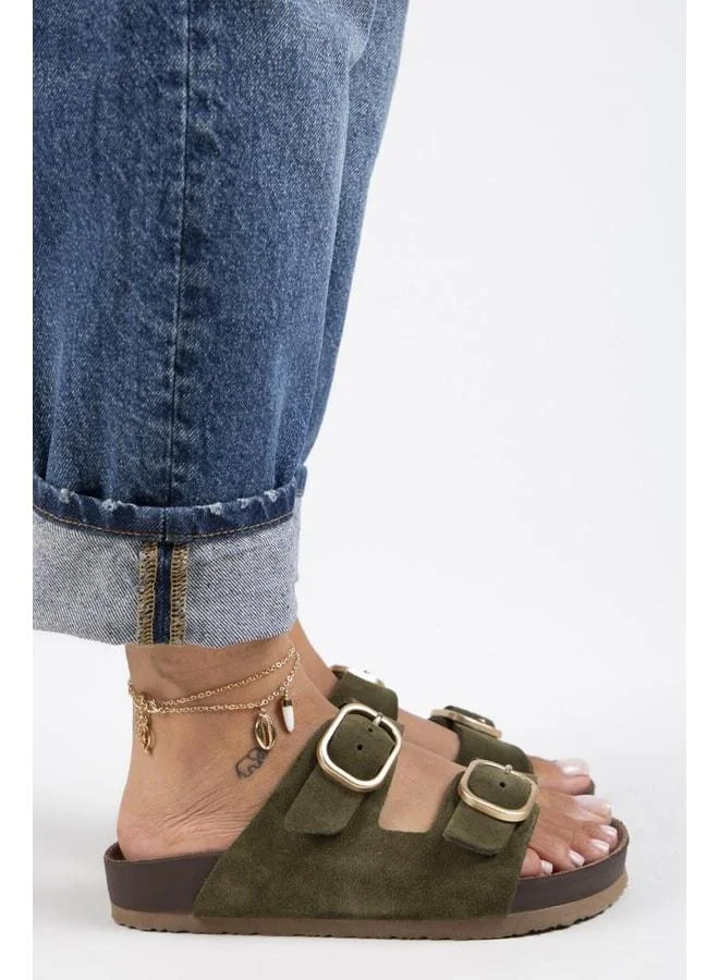 Manijero  Jazmin Women's Genuine Leather Double Buckle Khaki Slippers. for Women | Best Price UAE