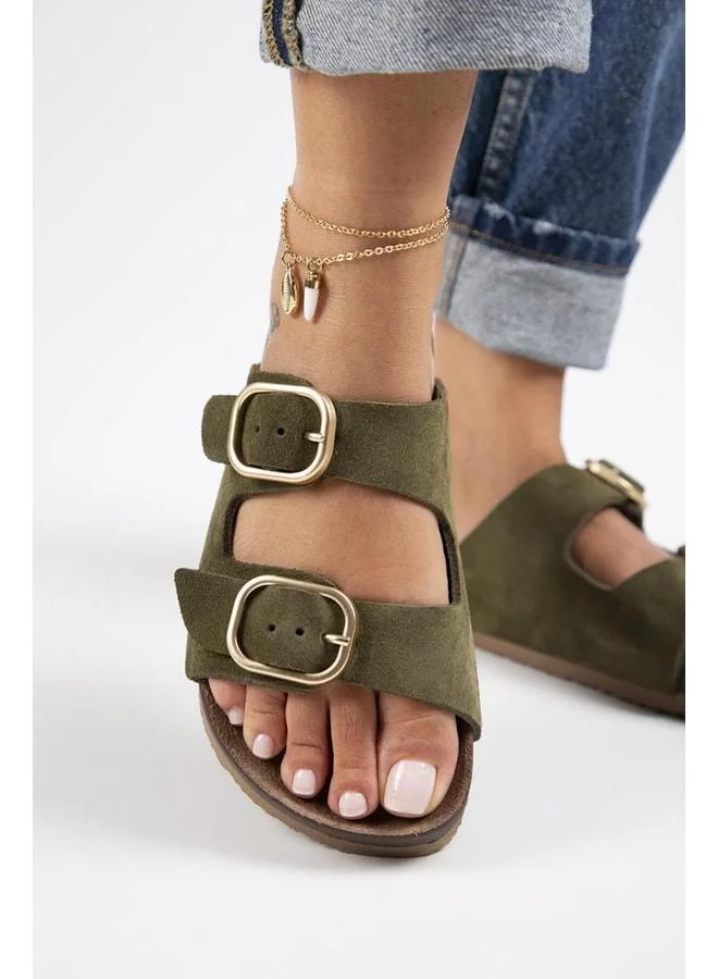 Jazmin Women's Genuine Leather Double Buckle Khaki Slippers.